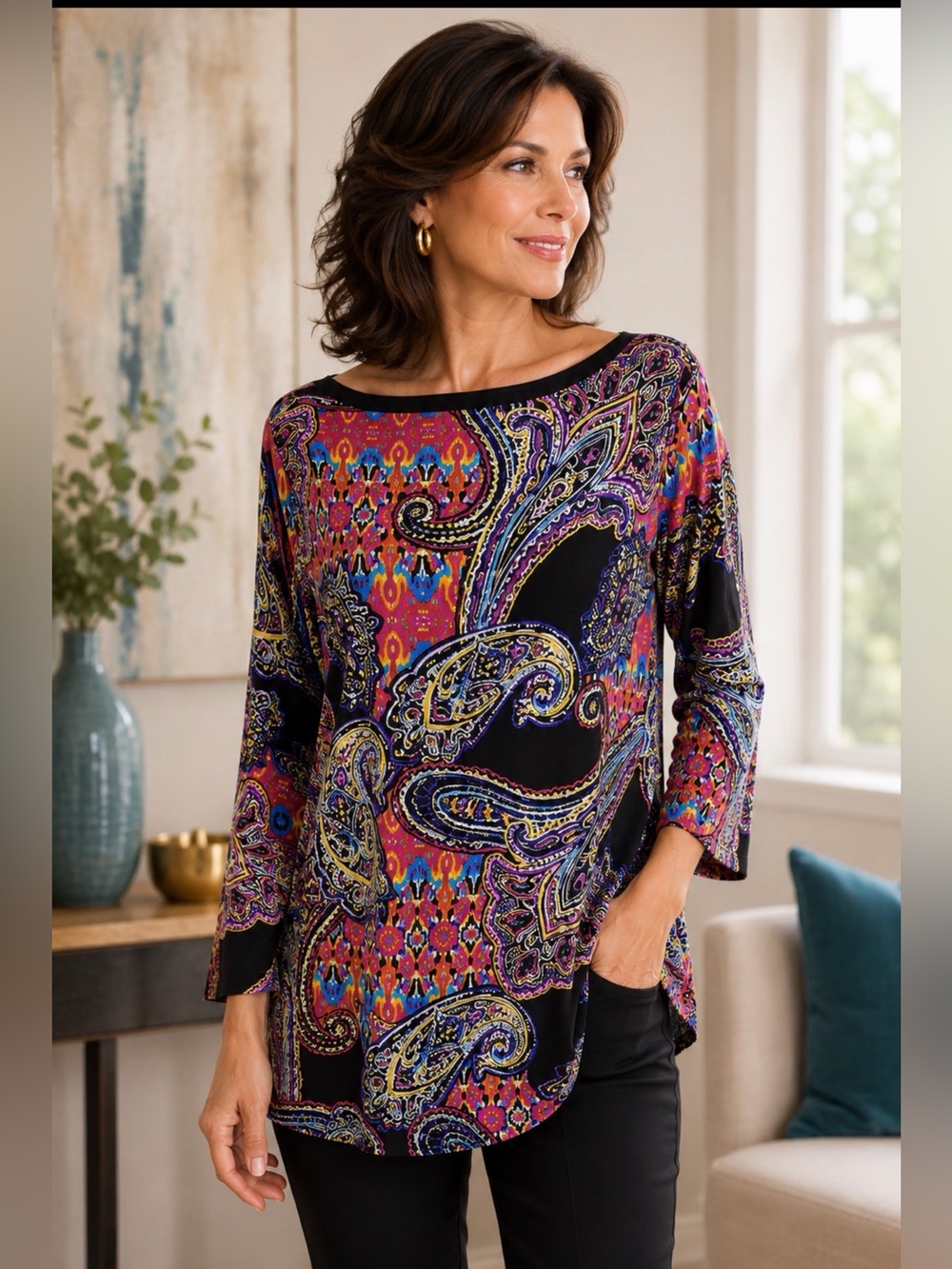 Ralph Lauren Paisley Tunic Top Multicolor Boho Boatneck Size L